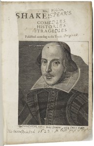 Shakespeare First Folio, 1623. Damaged and "perfected" title page. Folger.